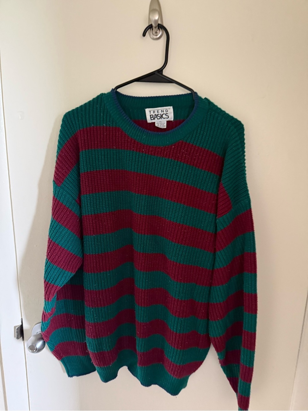 Vintage Men's Green and Burgundy Striped Knit Sweater